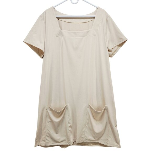 Beige Womens Short-Sleeve Square-Neck Dress With Pockets Size 2XL - Picture 1 of 8